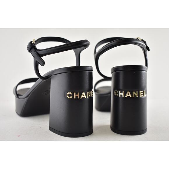 Chanel 24C Black Lambskin Leather Logo Platform Ankle Strap Block Heel Sandal 41 - Picture 12 of 14